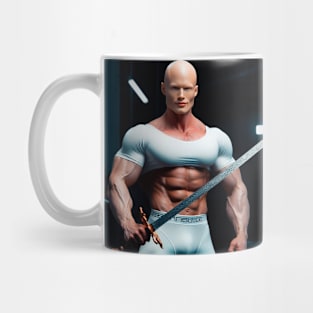 Nordic bald strong man holding sword Mug